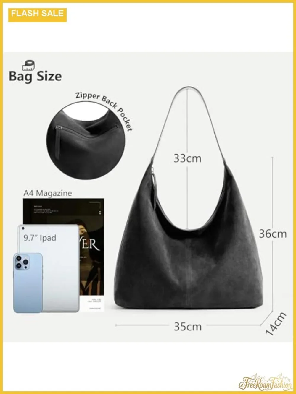 Slouchy Tote Bag 18L Casual Vegan Leather Crescent Hobo Zipper Bag